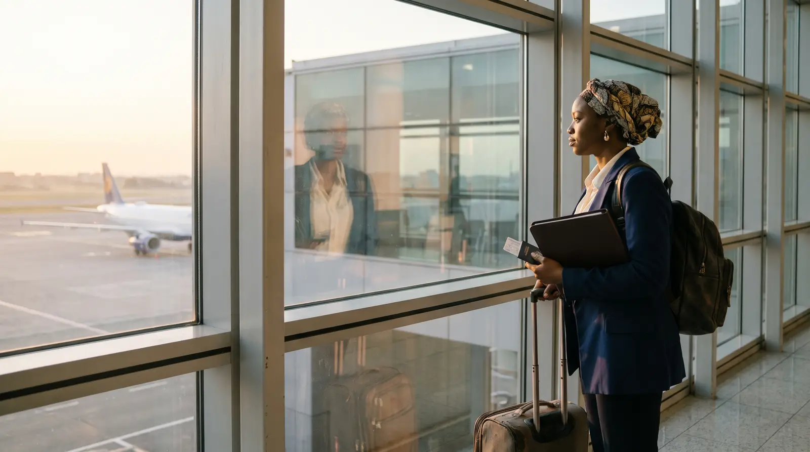 A student at an airport window